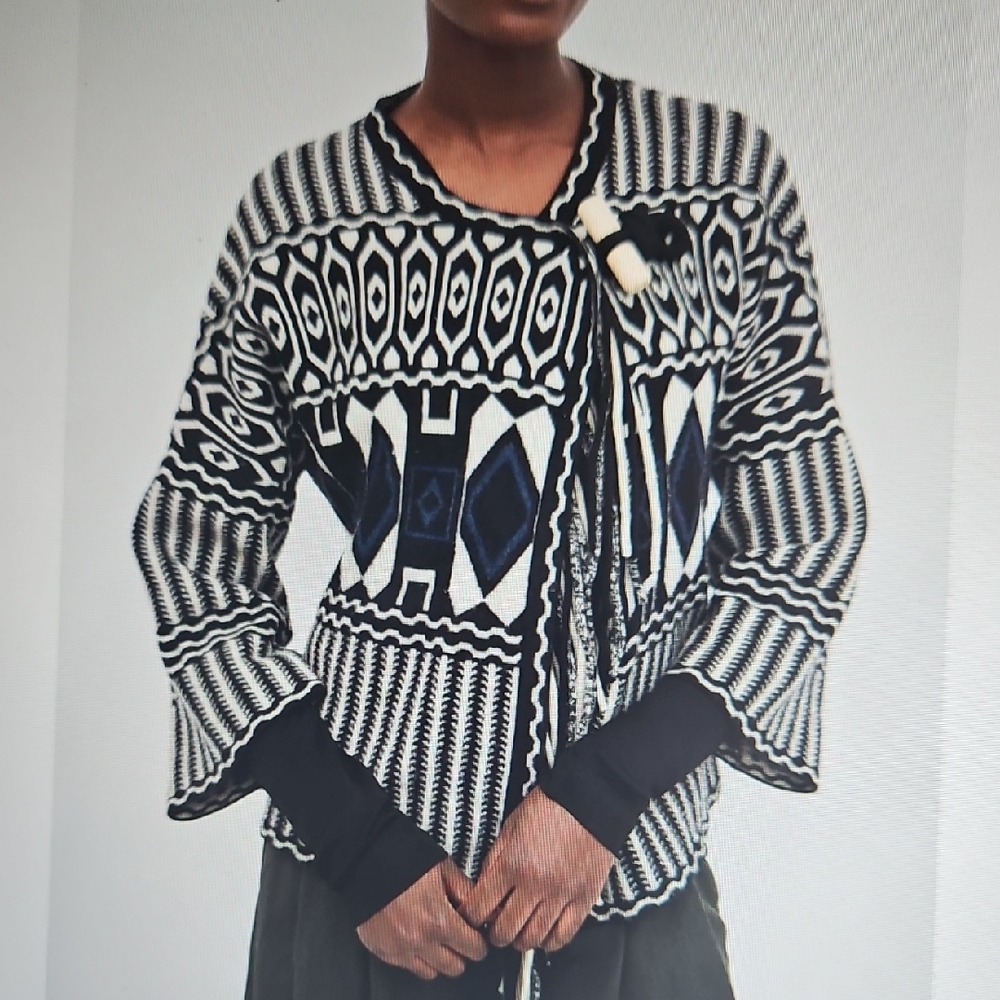 CHLOE:  Black, White And Navy Cashmere Wool Fringe Blanket Jacket